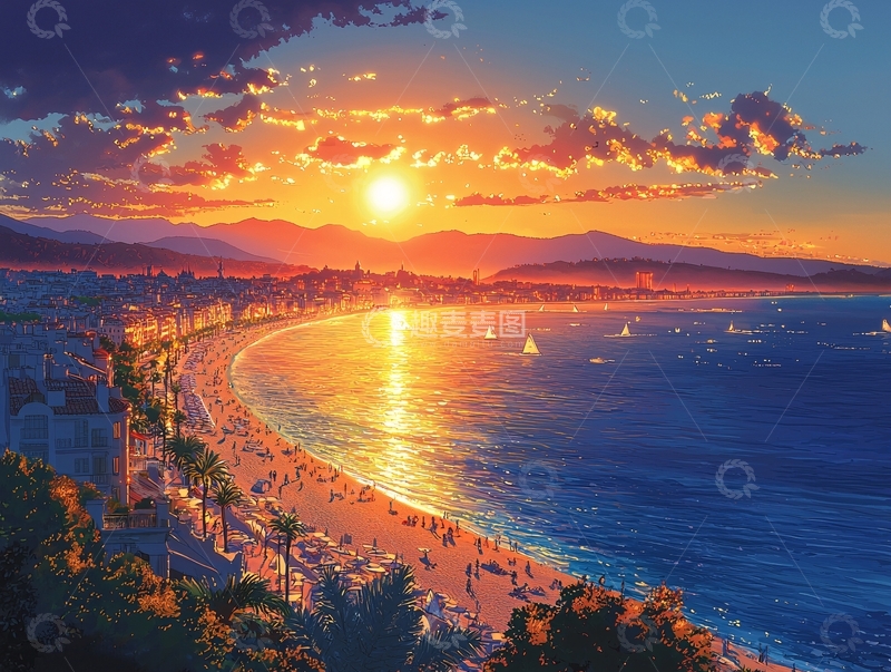 高清大图下载【趣麦麦图】夕阳西下海边城市