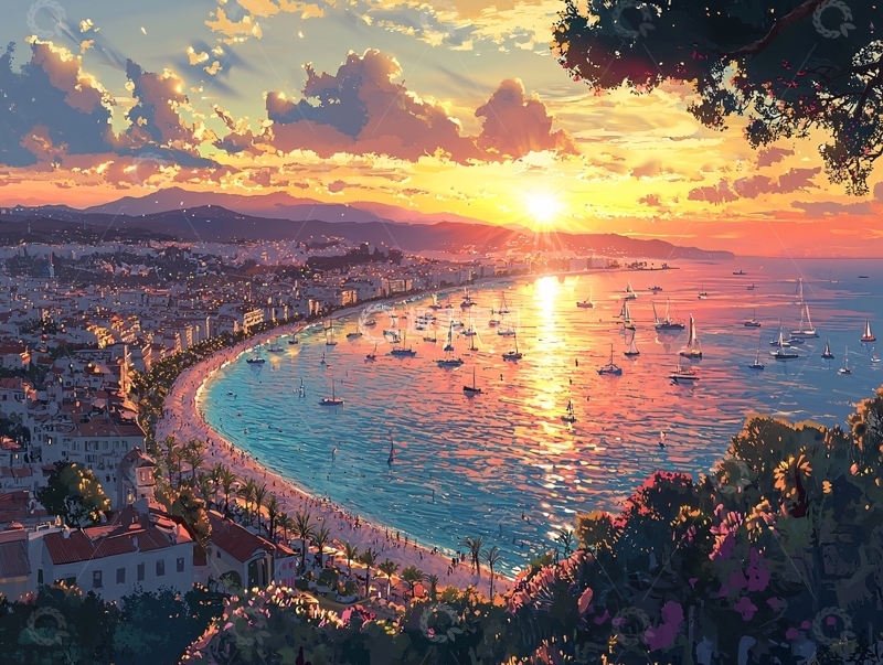 高清大图下载【趣麦麦图】日落海景小镇