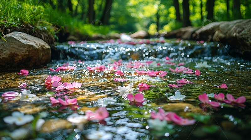 高清大图下载【趣麦麦图】溪流花瓣