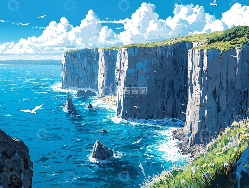 高清大图下载【趣麦麦图】阳光明媚的海边悬崖