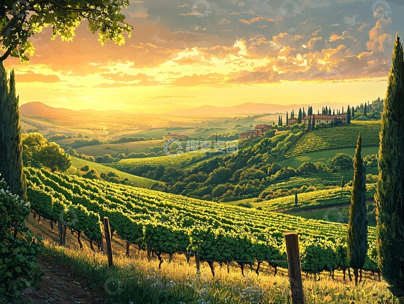 高清大图下载【趣麦麦图】夕阳下的意大利乡村田园风光