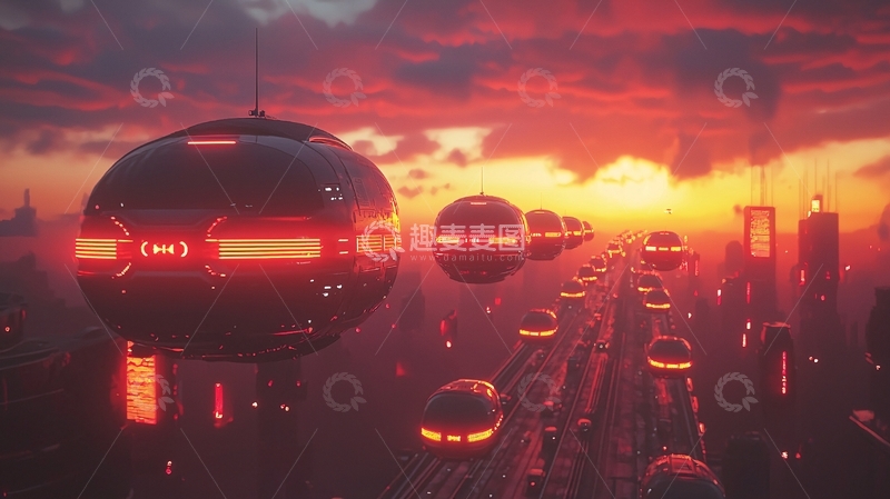 高清大图下载【趣麦麦图】日落下的未来城市飞船