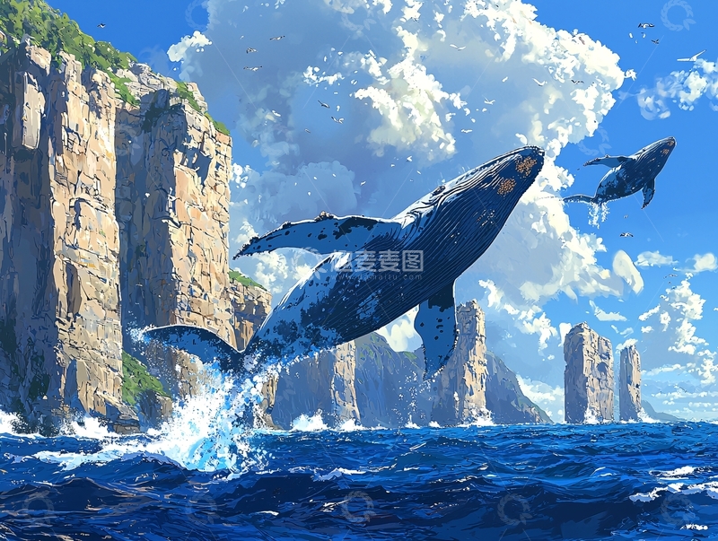 高清大图下载【趣麦麦图】鲸鱼跃出海面