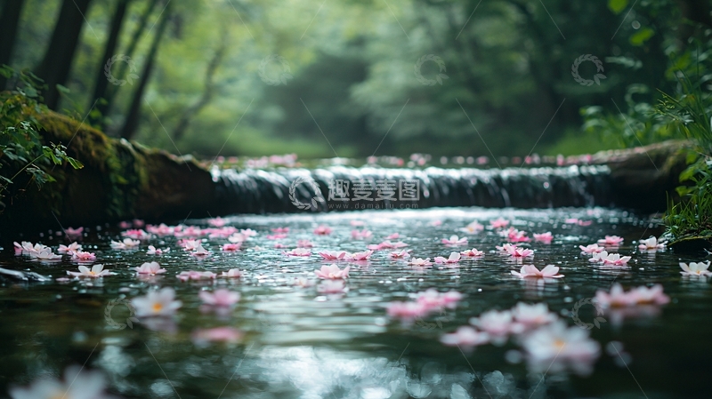 高清大图下载【趣麦麦图】森林溪流粉色花瓣