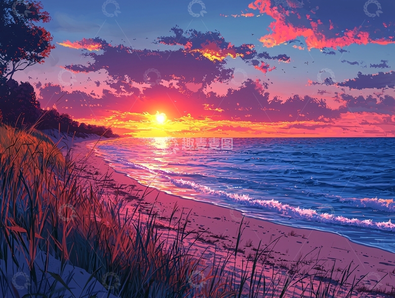 高清大图下载【趣麦麦图】唯美日落海滩