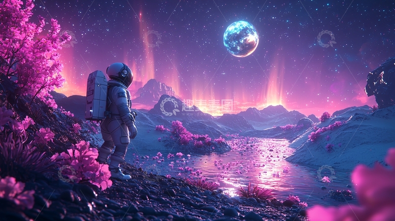 高清大图下载【趣麦麦图】太空宇航员粉色星球