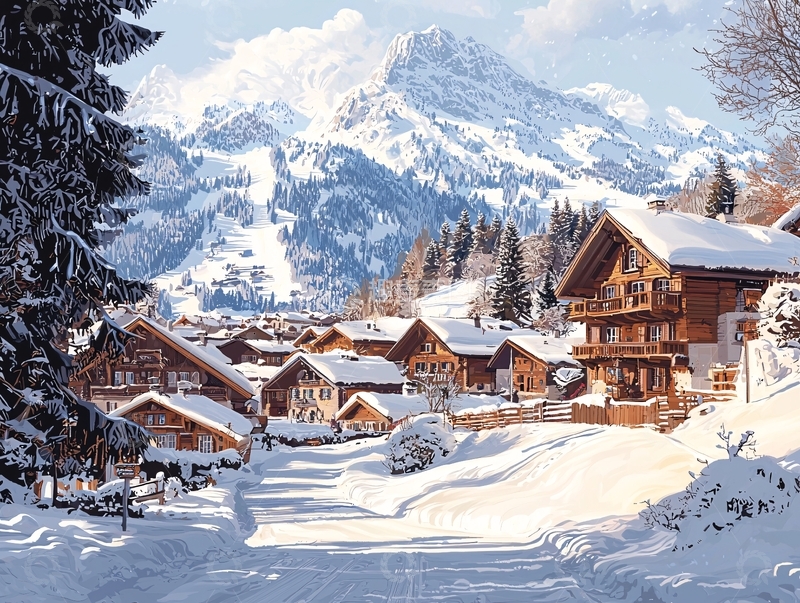 高清大图下载【趣麦麦图】雪山小镇风景
