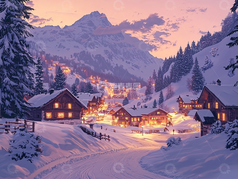 高清大图下载【趣麦麦图】雪山小镇夜景