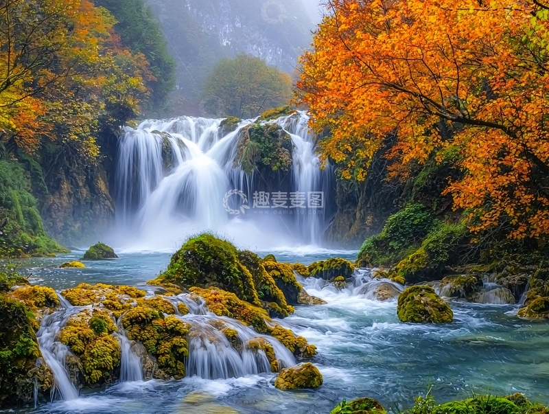 高清大图下载【趣麦麦图】秋日瀑布森林景色