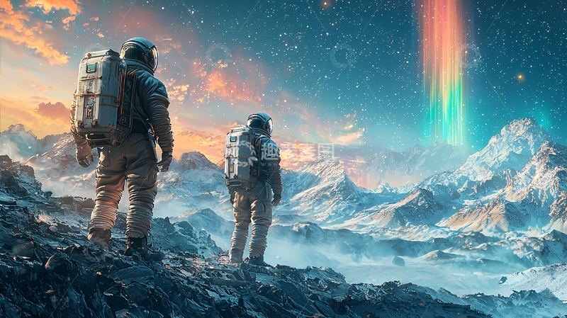高清大图下载【趣麦麦图】宇航员太空雪山彩虹风景