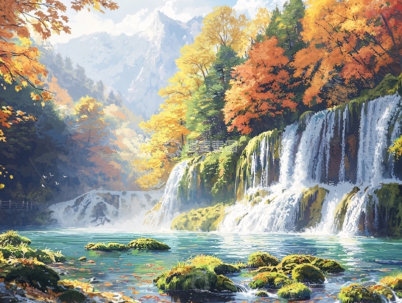 高清大图下载【趣麦麦图】秋日瀑布森林景色