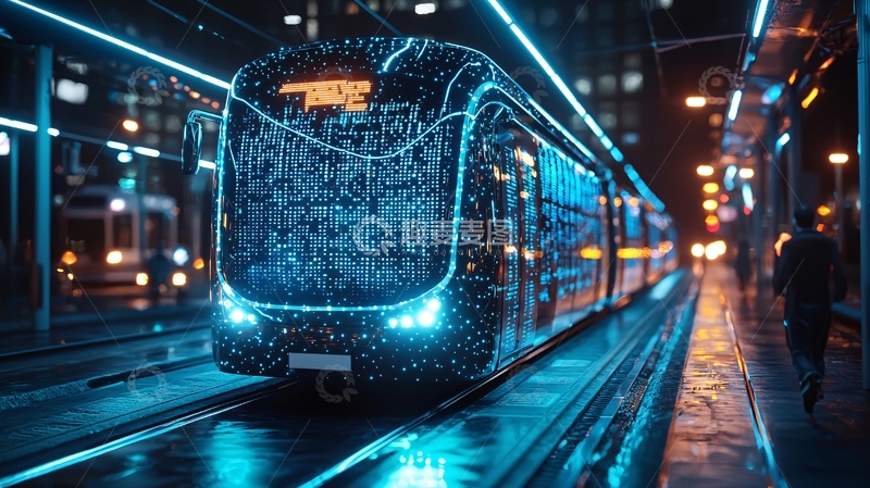 高清大图下载【趣麦麦图】夜间灯光璀璨的现代电车