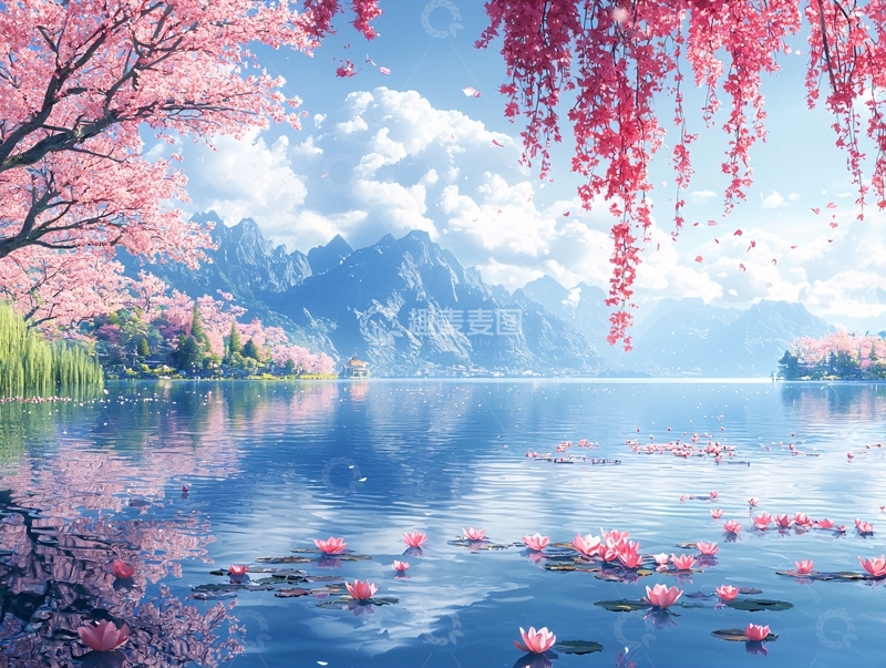 高清大图下载【趣麦麦图】梦幻樱花湖泊山景