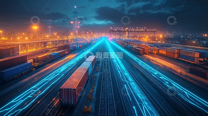 高清大图下载【趣麦麦图】夜晚港口集装箱铁路运输