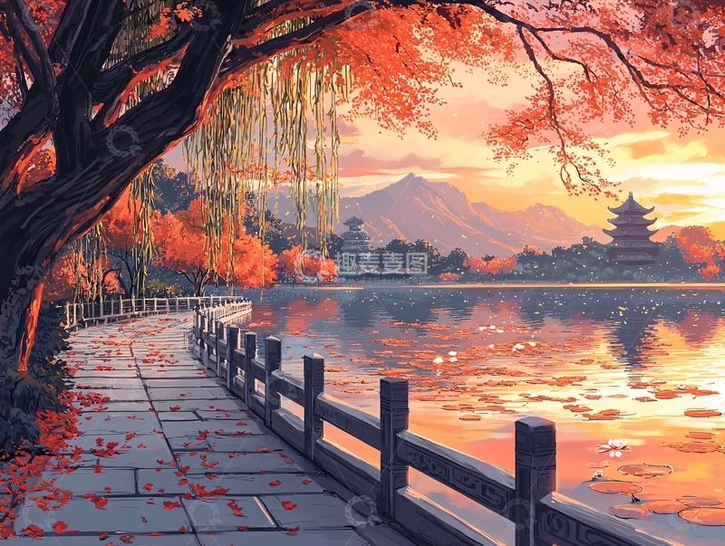 高清大图下载【趣麦麦图】秋日傍晚湖边景色