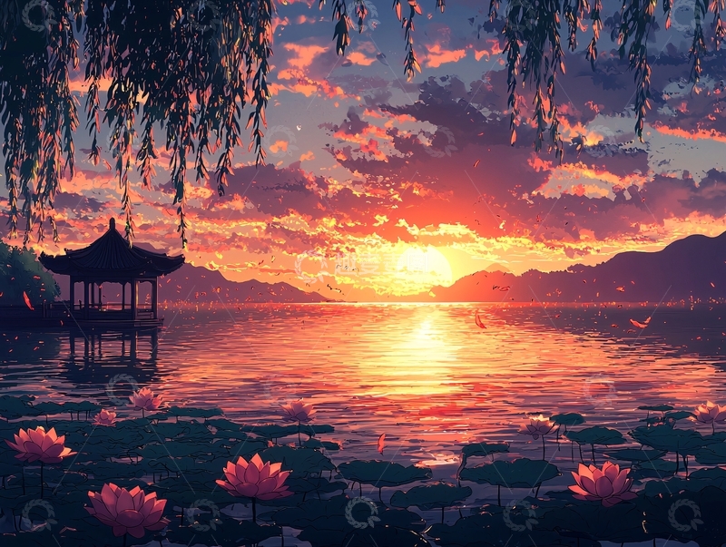 高清大图下载【趣麦麦图】日落湖景水墨画