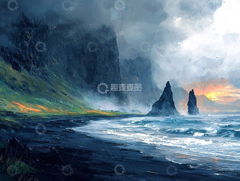 高清大图下载【趣麦麦图】暴风雨下的黑色沙滩