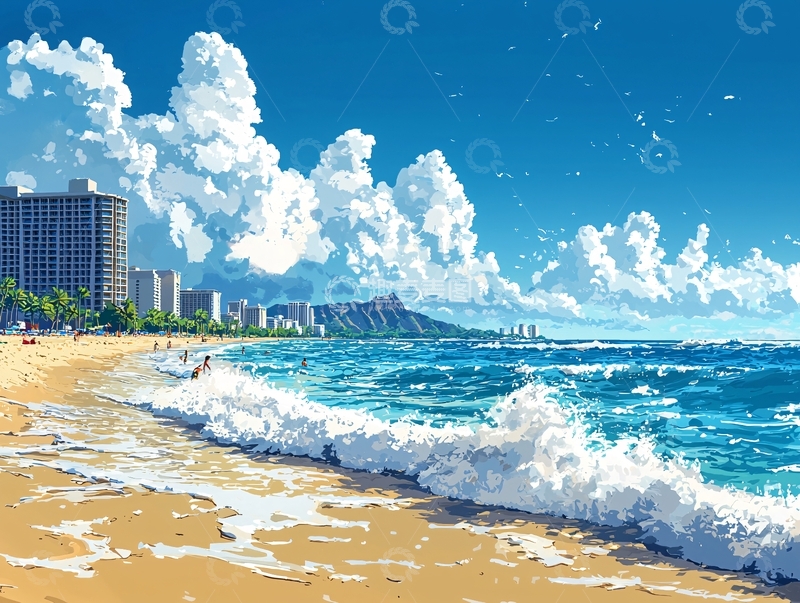 高清大图下载【趣麦麦图】夏日海滩城市风景