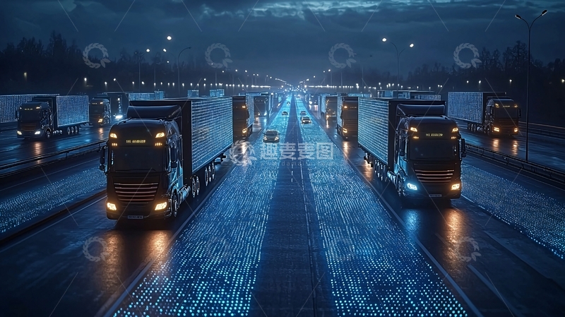 高清大图下载【趣麦麦图】夜晚高速公路卡车车队
