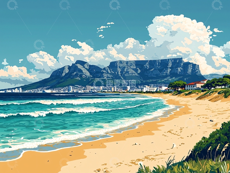 高清大图下载【趣麦麦图】桌山海滩风景画