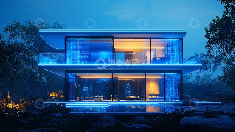 高清大图下载【趣麦麦图】夜晚现代玻璃别墅