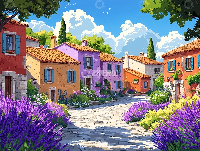 高清大图下载【趣麦麦图】阳光下的薰衣草村庄