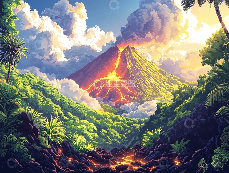 高清大图下载【趣麦麦图】火山喷发热带雨林