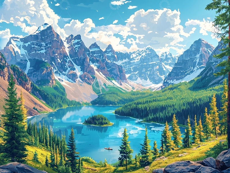 高清大图下载【趣麦麦图】雪山湖泊风景画