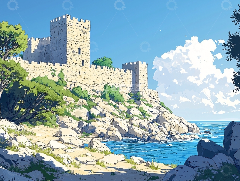 高清大图下载【趣麦麦图】阳光下的海边古堡