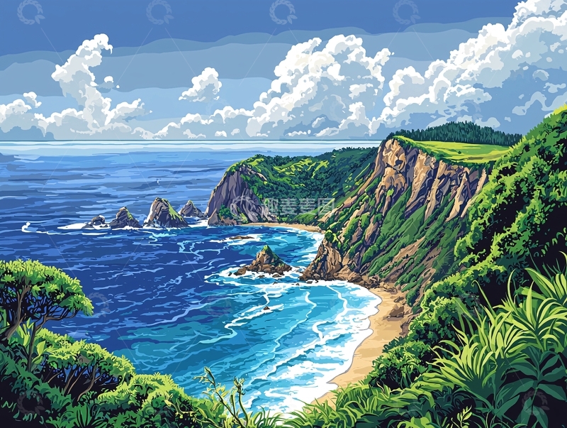 高清大图下载【趣麦麦图】海边悬崖峭壁风景画