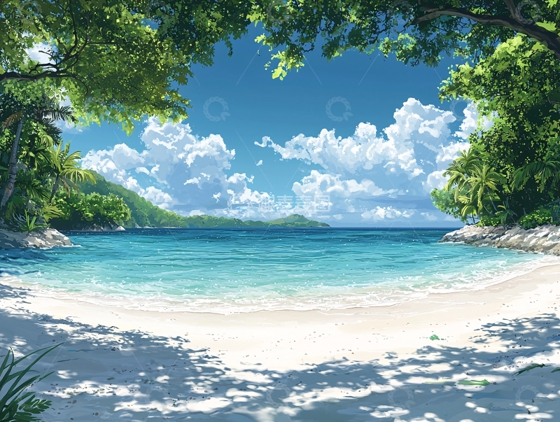 高清大图下载【趣麦麦图】树荫下的海滩景色