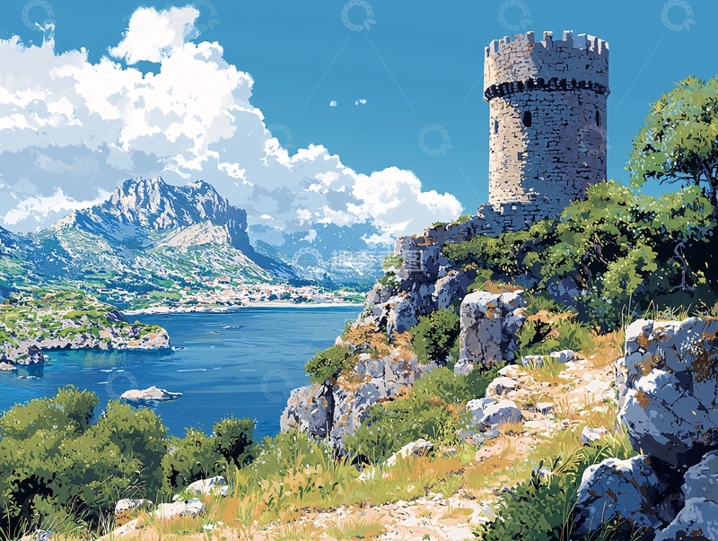 高清大图下载【趣麦麦图】海边古堡风景画