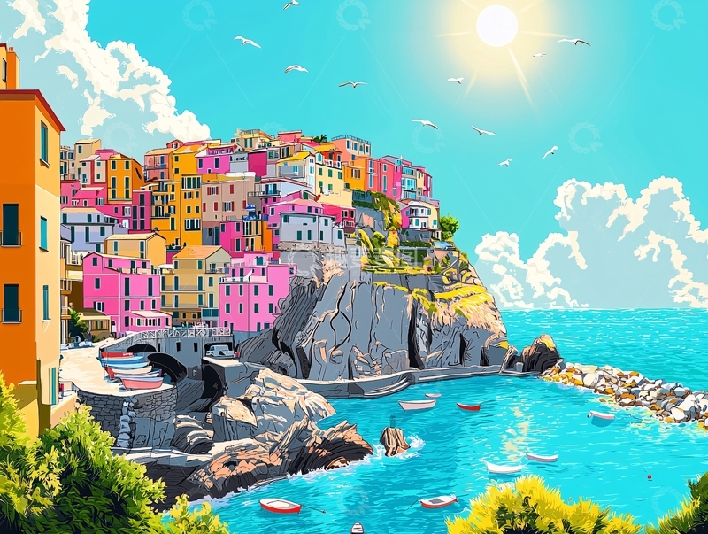 高清大图下载【趣麦麦图】阳光明媚的海边彩色小镇