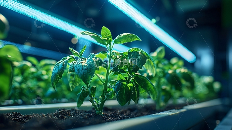 蓝光灯下生长的绿植