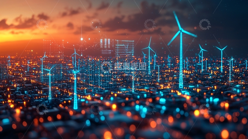 高清大图下载【趣麦麦图】日落城市风力发电场