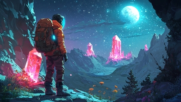 宇航员夜晚奇幻水晶山谷