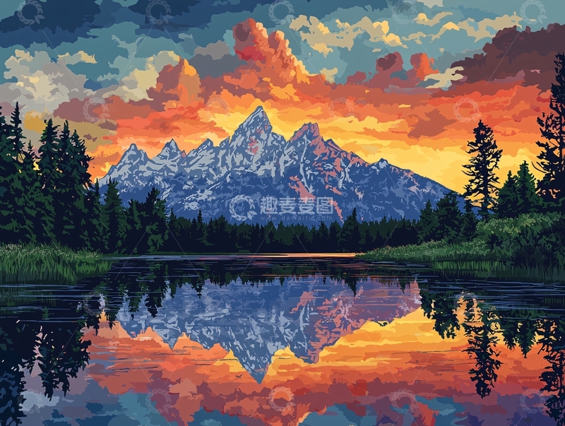 高清大图下载【趣麦麦图】夕阳下的雪山湖泊