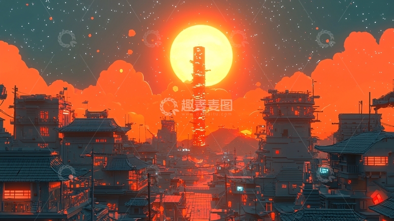 高清大图下载【趣麦麦图】日落下的日本小镇