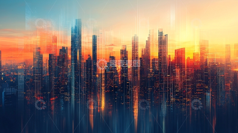 高清大图下载【趣麦麦图】日落下的未来都市剪影