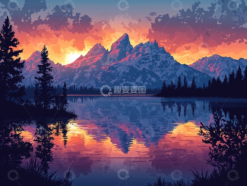 高清大图下载【趣麦麦图】日落雪山湖泊倒影