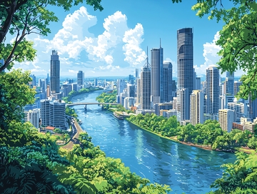 绿树环绕的城市河流景观