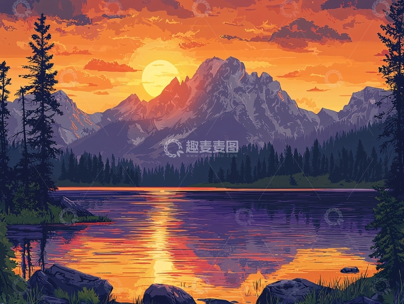 高清大图下载【趣麦麦图】夕阳西下湖光山色