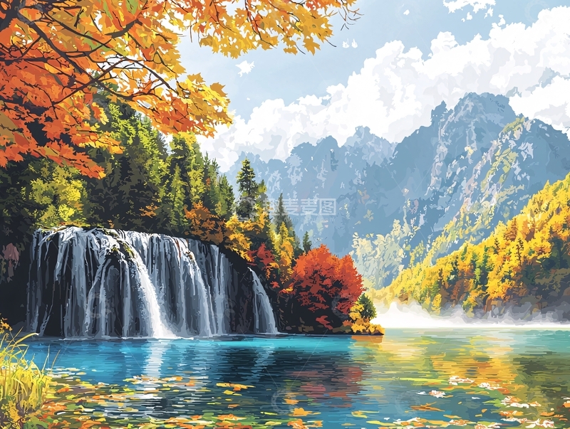 高清大图下载【趣麦麦图】秋日瀑布山川景色