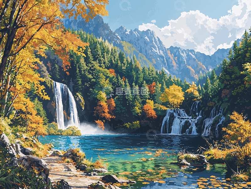 高清大图下载【趣麦麦图】秋色山谷瀑布湖泊