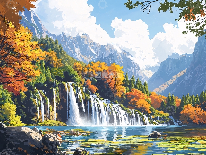 高清大图下载【趣麦麦图】秋日瀑布山林景色