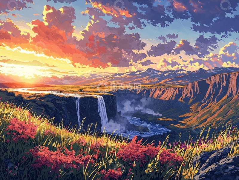 高清大图下载【趣麦麦图】日落瀑布峡谷风景
