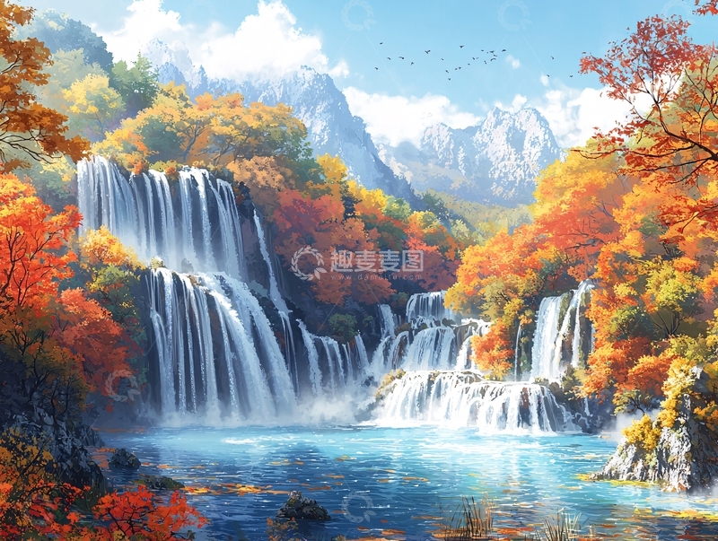 高清大图下载【趣麦麦图】秋日瀑布山景图