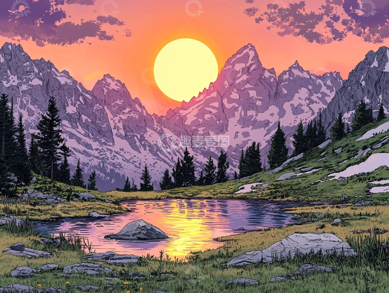 高清大图下载【趣麦麦图】日落山峰湖泊风景