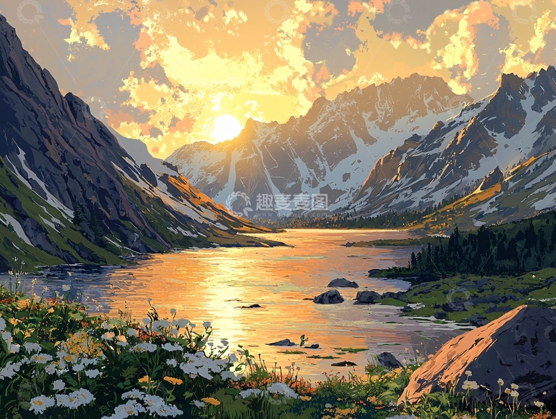 高清大图下载【趣麦麦图】夕阳西下雪山湖泊