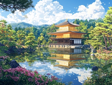 湖边金色寺庙